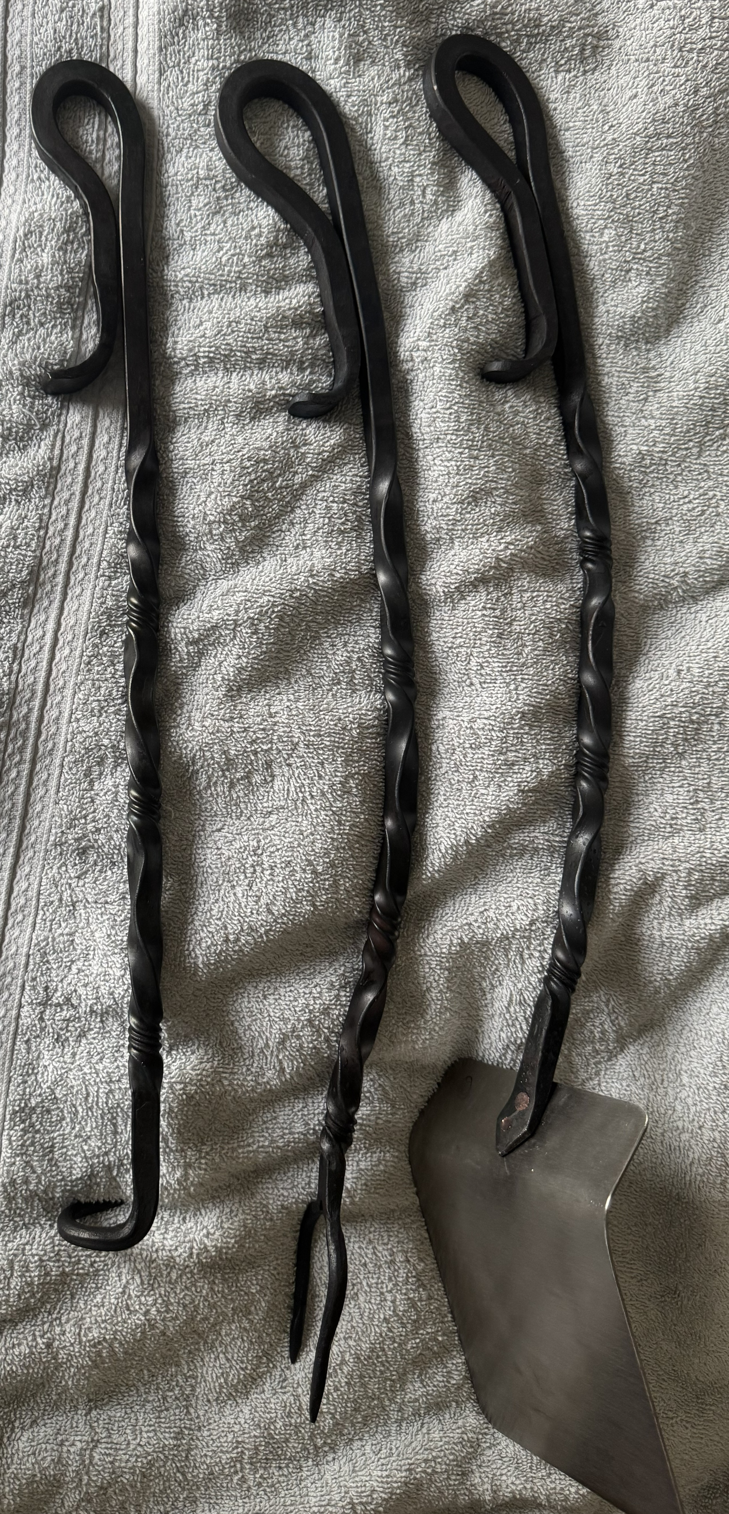 Finished forged fire tools set with twisted handles
